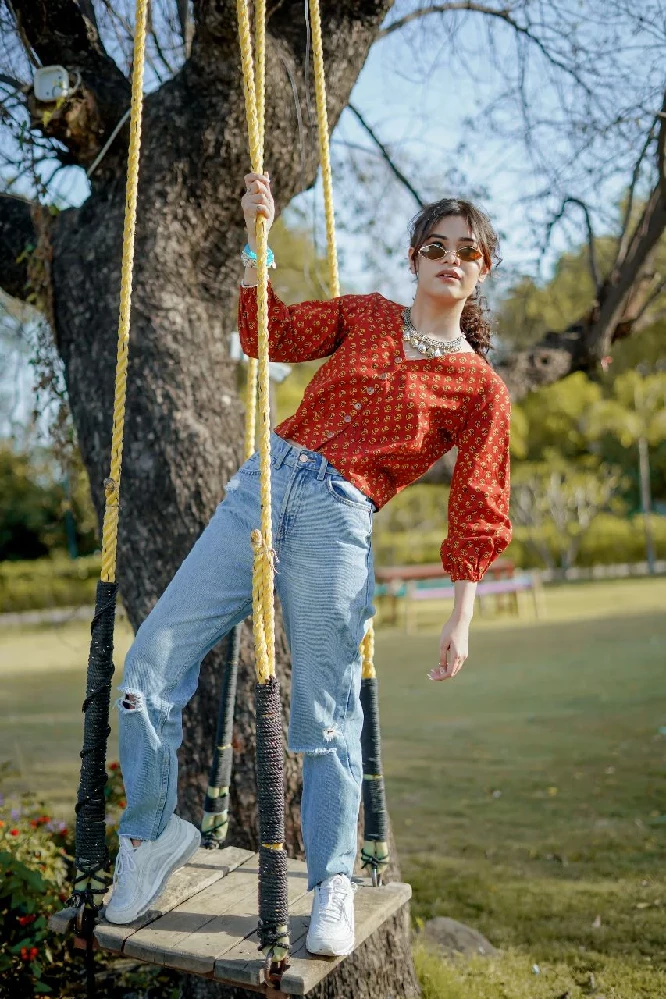 Red Cotton Crop Top with Yellow Bagh Hand-Block Print-3.webp
